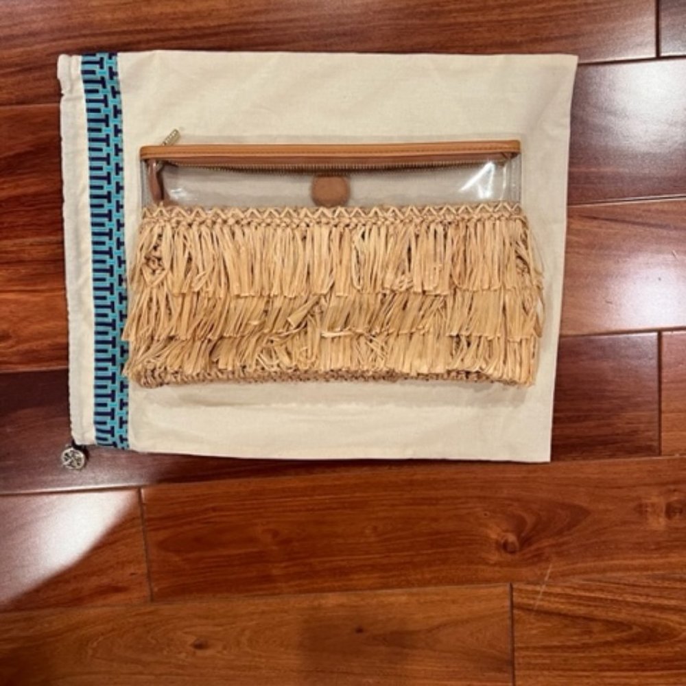 TORY BURCH HANDBAG STRAW CLUTCH TAN CLEAR WITH DUST BAG